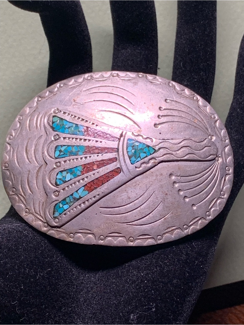 Vintage Oval Silver Inlay Belt Buckle with Turquoise & Coral